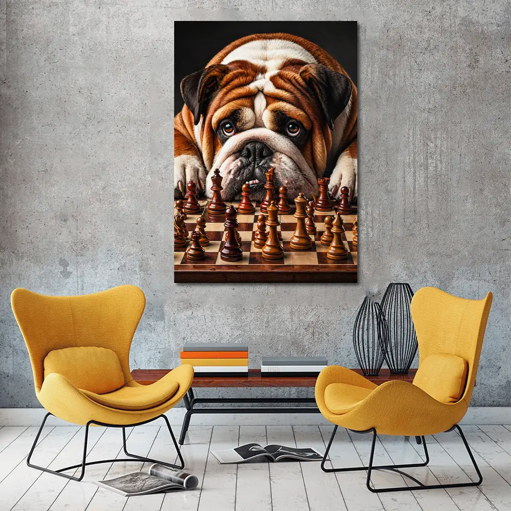 English Bulldog Staring Down Chess Board – Wall Art