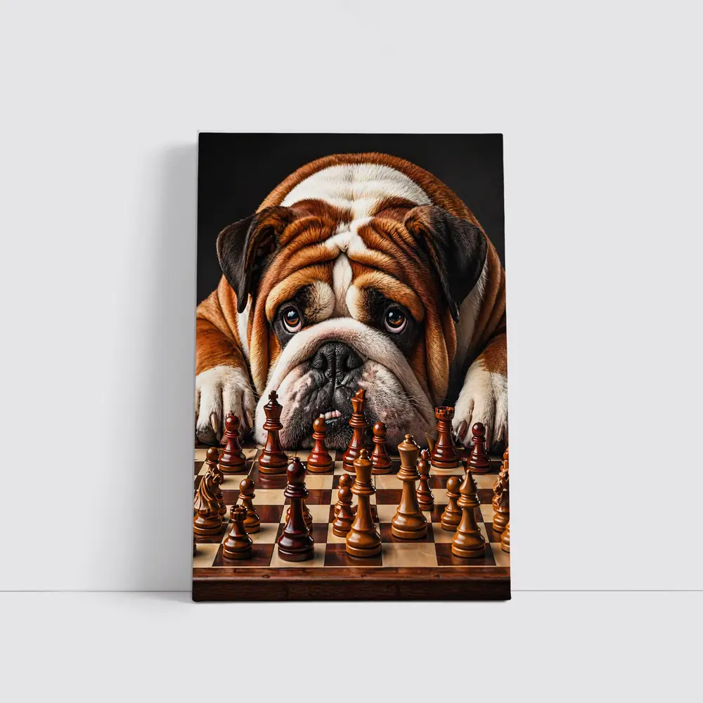 English Bulldog Staring Down Chess Board – Wall Art