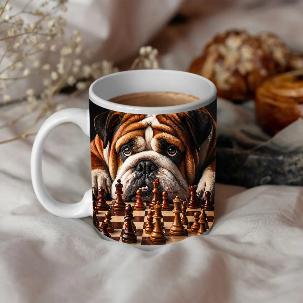 English Bulldog Staring Down Chess Board – Mugs