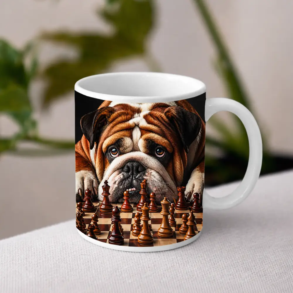 English Bulldog Staring Down Chess Board – Mugs