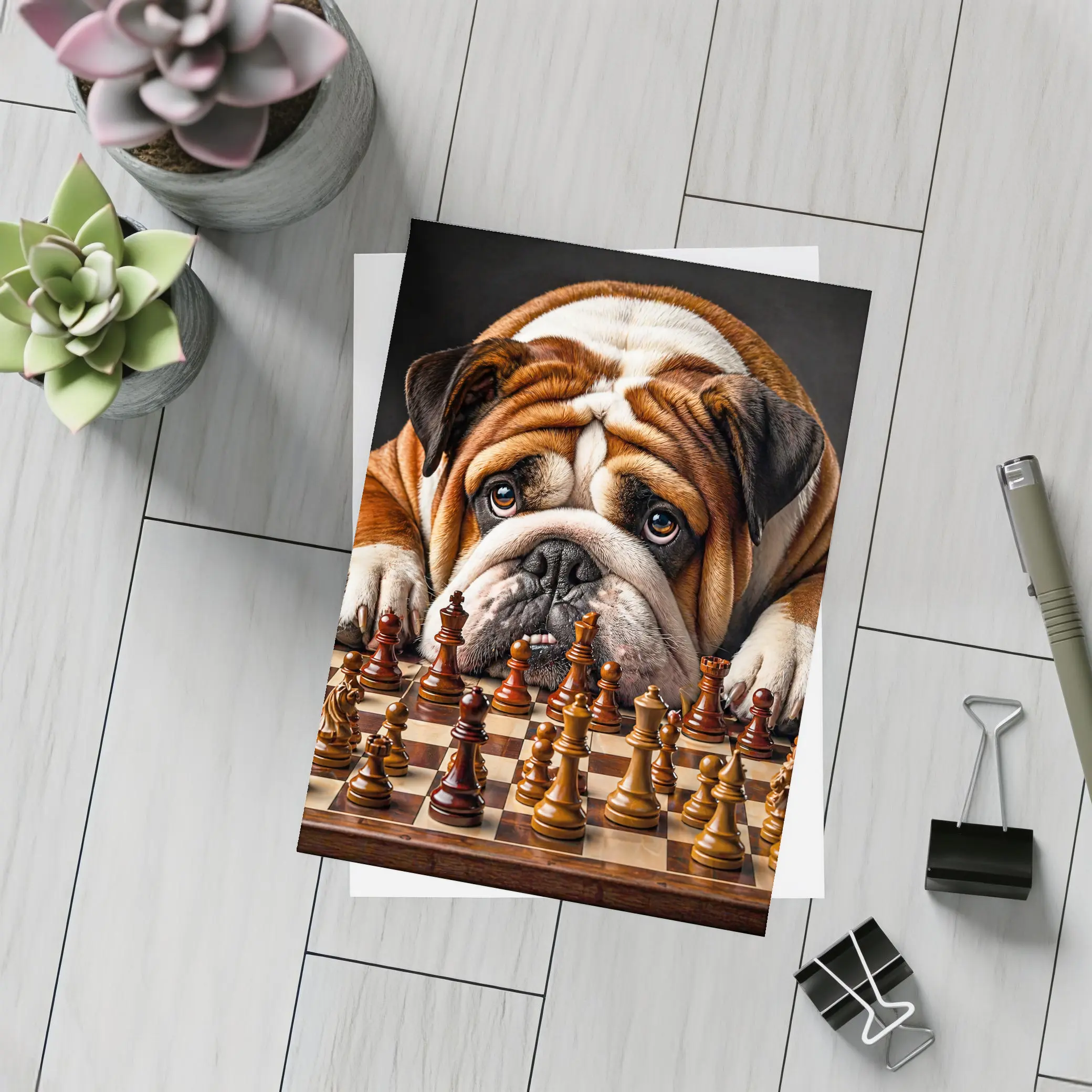 English Bulldog Staring Down Chess Board – Postcards