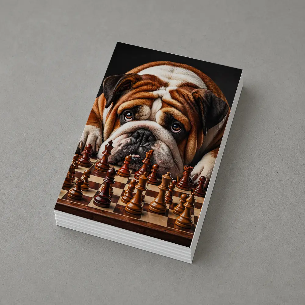 English Bulldog Staring Down Chess Board – Postcards