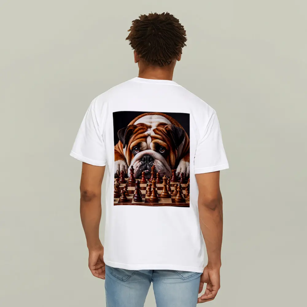 English Bulldog Staring Down Chess Board – T-Shirts
