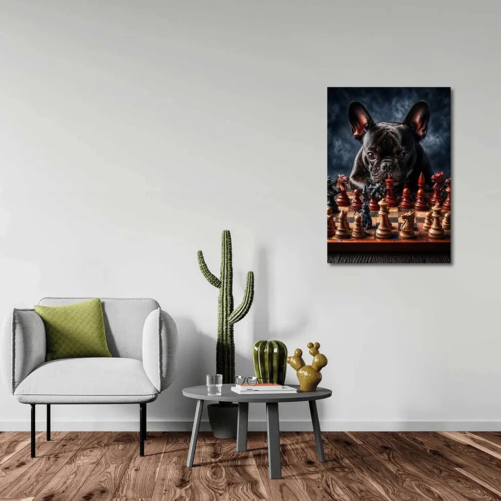 French Bulldog Playing Chess Dark Background – Wall Art