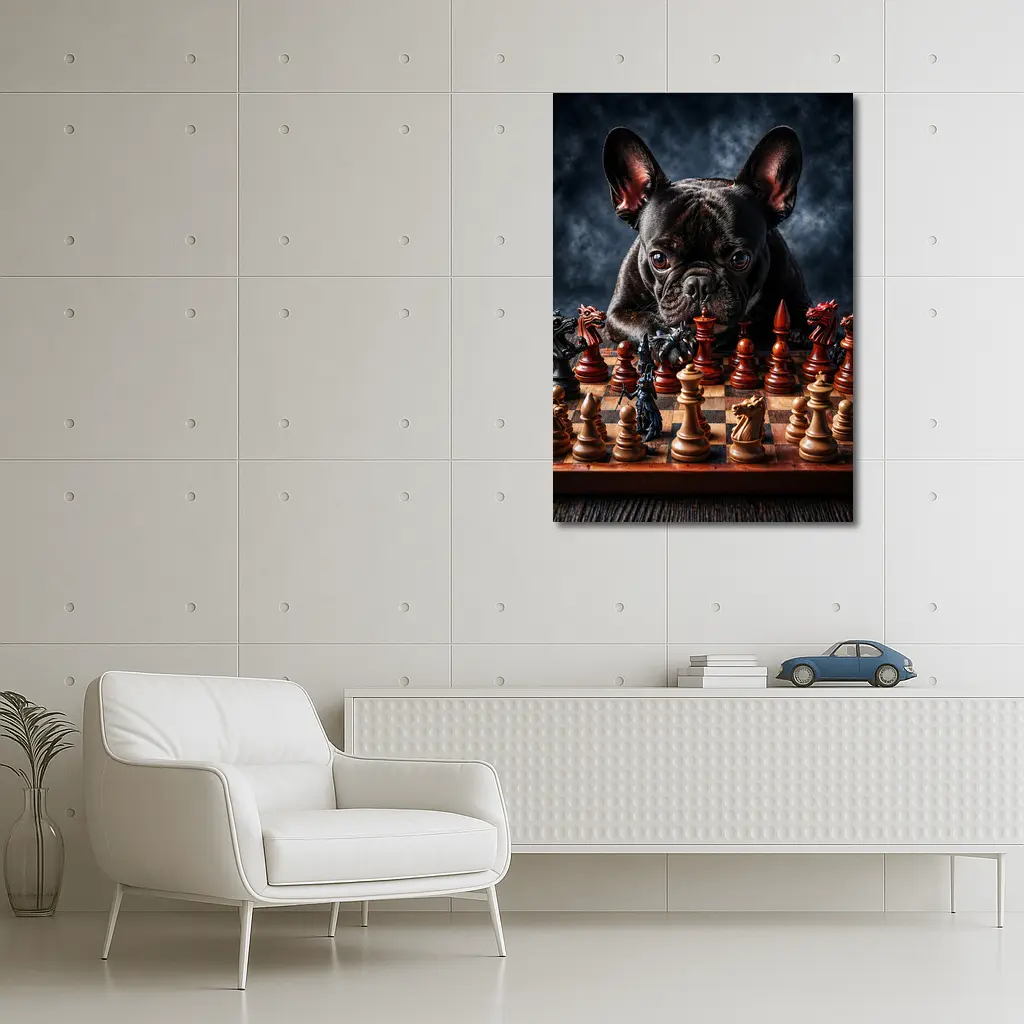 French Bulldog Playing Chess Dark Background – Wall Art