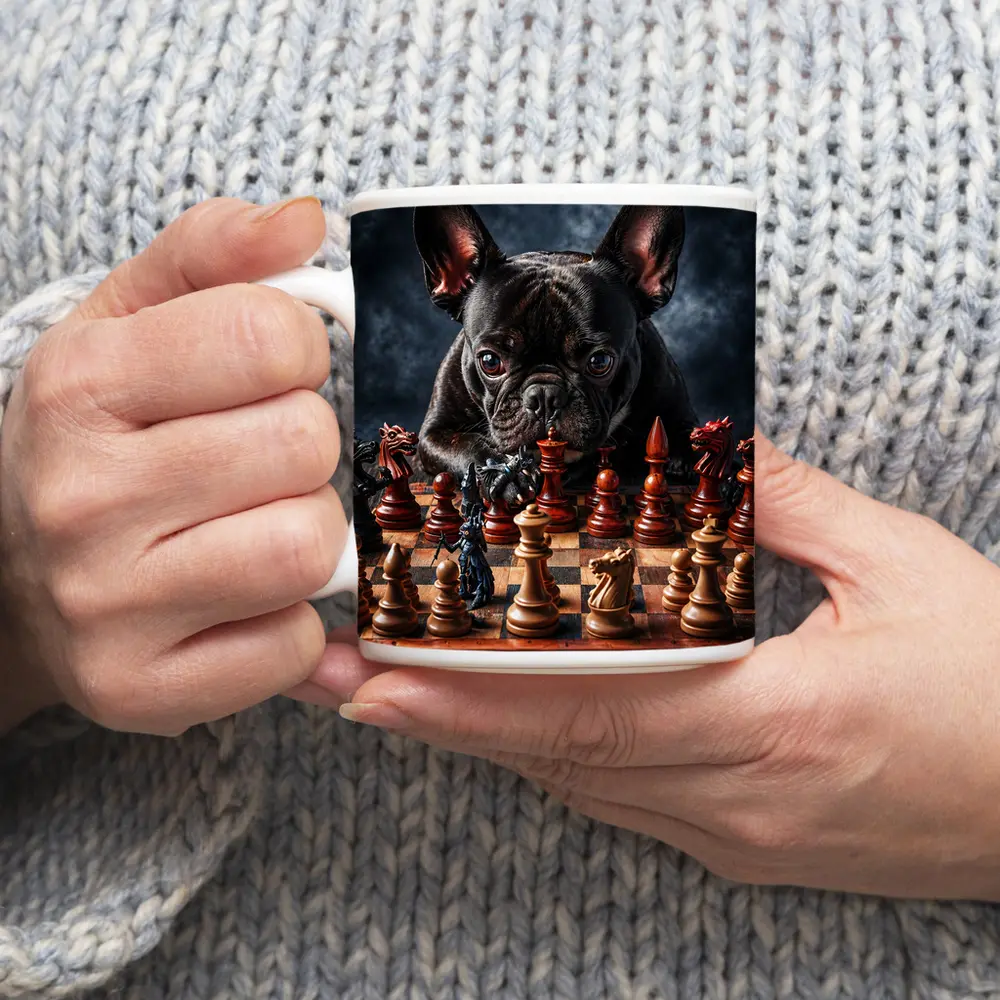 French Bulldog Playing Chess Dark Background – Mugs