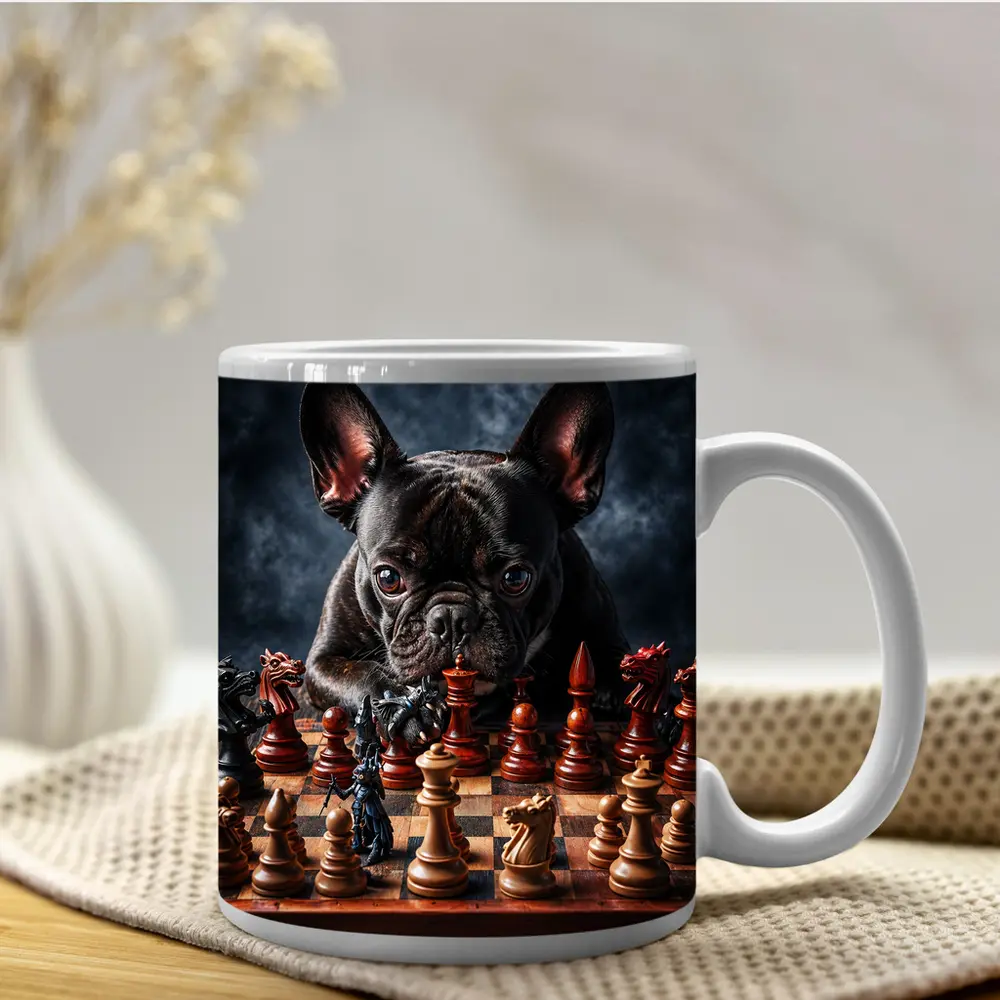 French Bulldog Playing Chess Dark Background – Mugs
