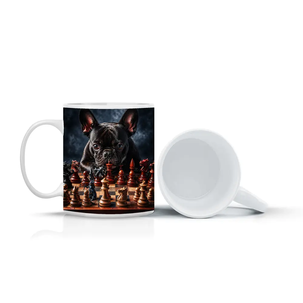 French Bulldog Playing Chess Dark Background – Mugs