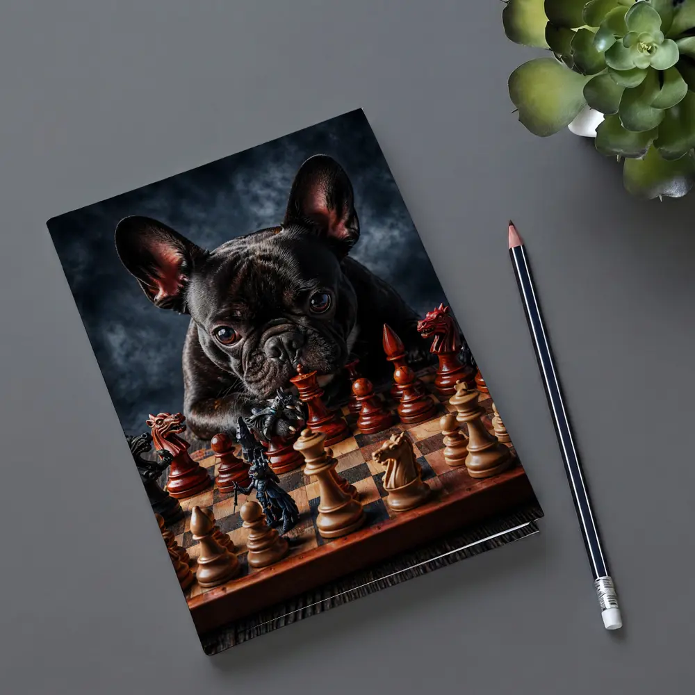 French Bulldog Playing Chess Dark Background – Notebooks