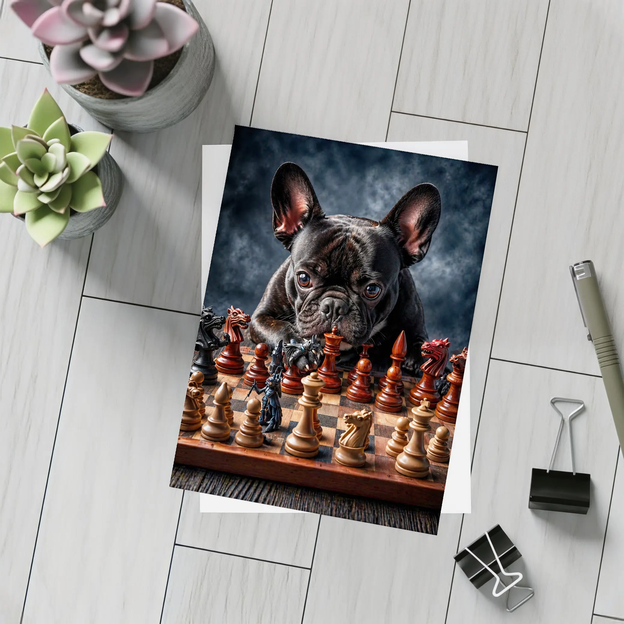 French Bulldog Playing Chess Dark Background – Postcards