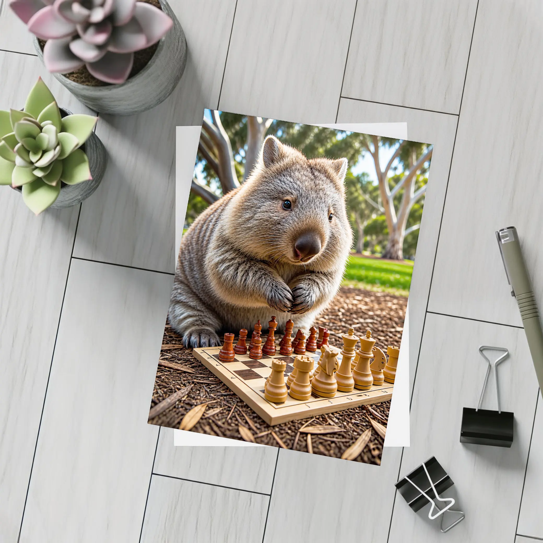 Wombat Playing Chess In Sunny Park – Postcards