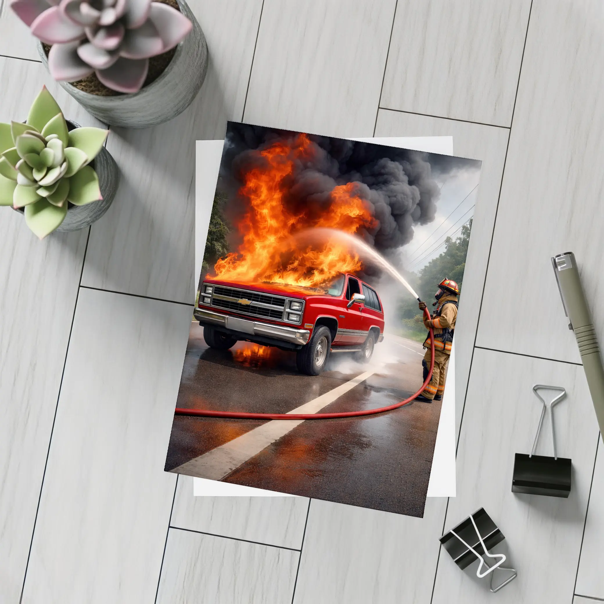 Chevrolet Blazer On Fire Firefighter Street – Postcards