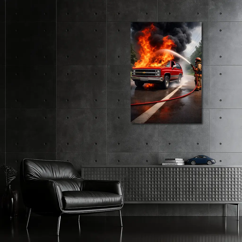 Chevrolet Blazer On Fire Firefighter Street – Wall Art