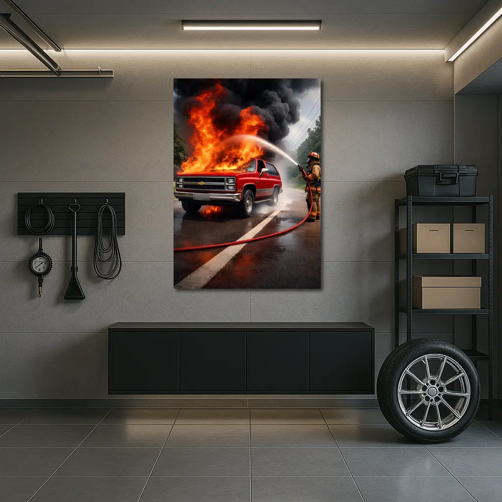 Chevrolet Blazer On Fire Firefighter Street – Wall Art