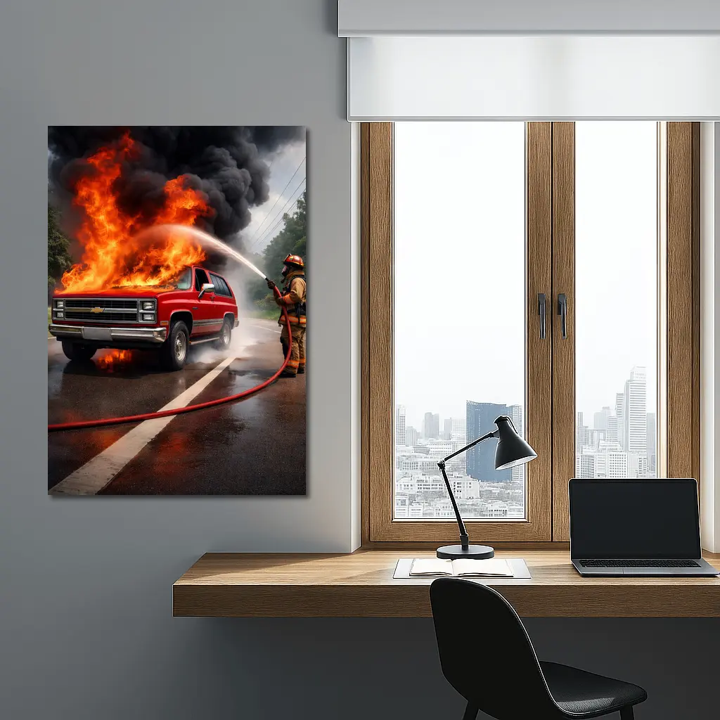 Chevrolet Blazer On Fire Firefighter Street – Wall Art