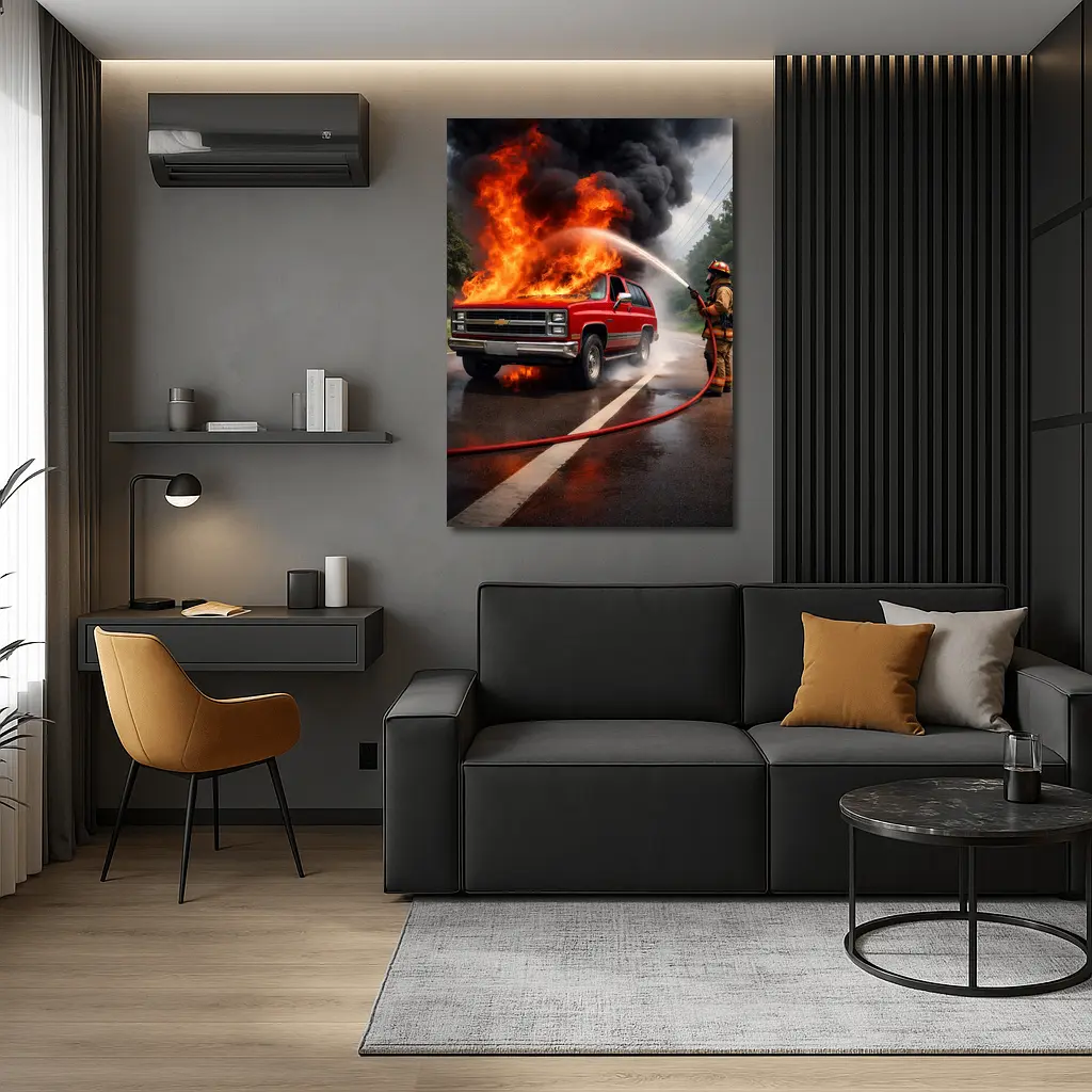 Chevrolet Blazer On Fire Firefighter Street – Wall Art