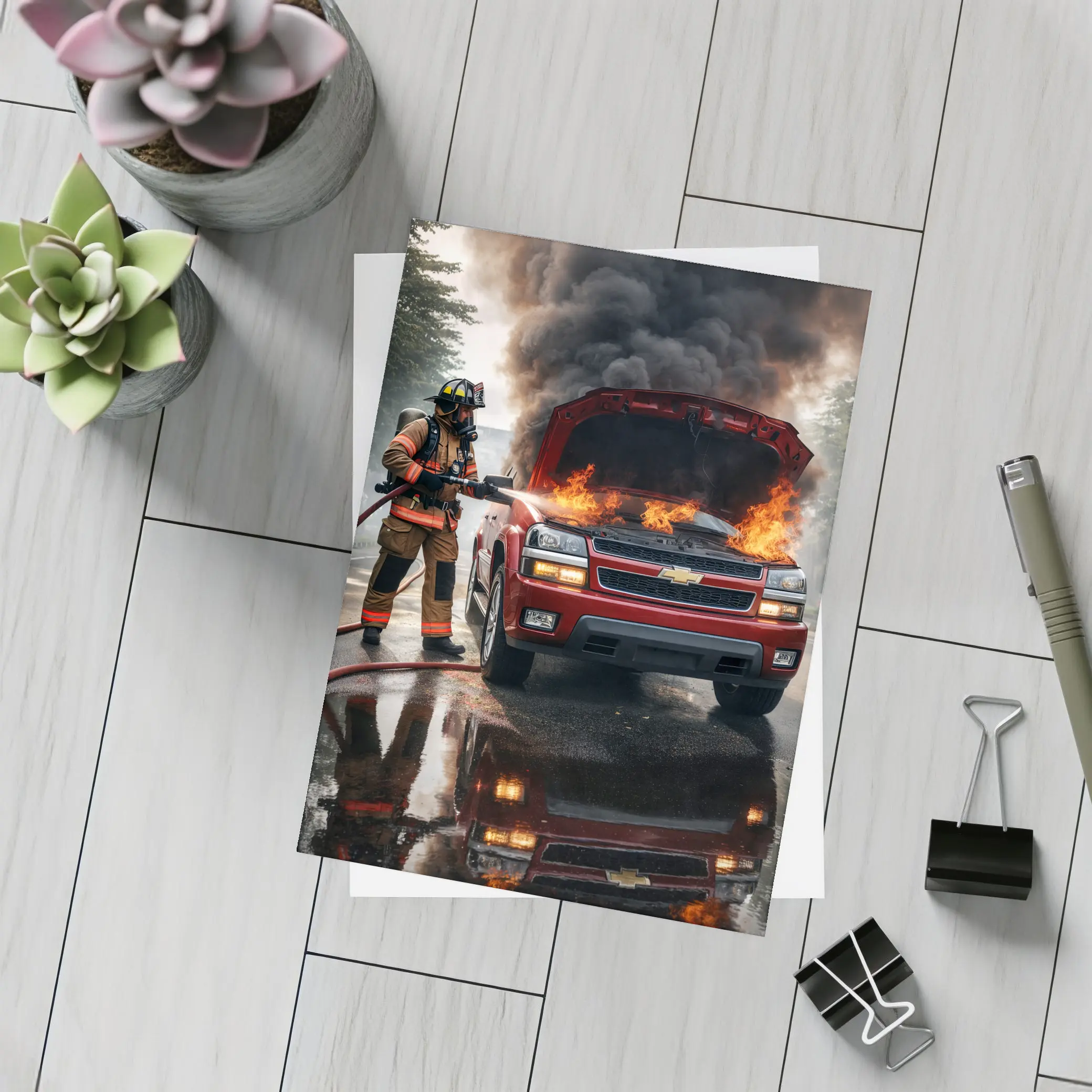 Chevrolet Blazer On Fire Firefighter Scene – Postcards