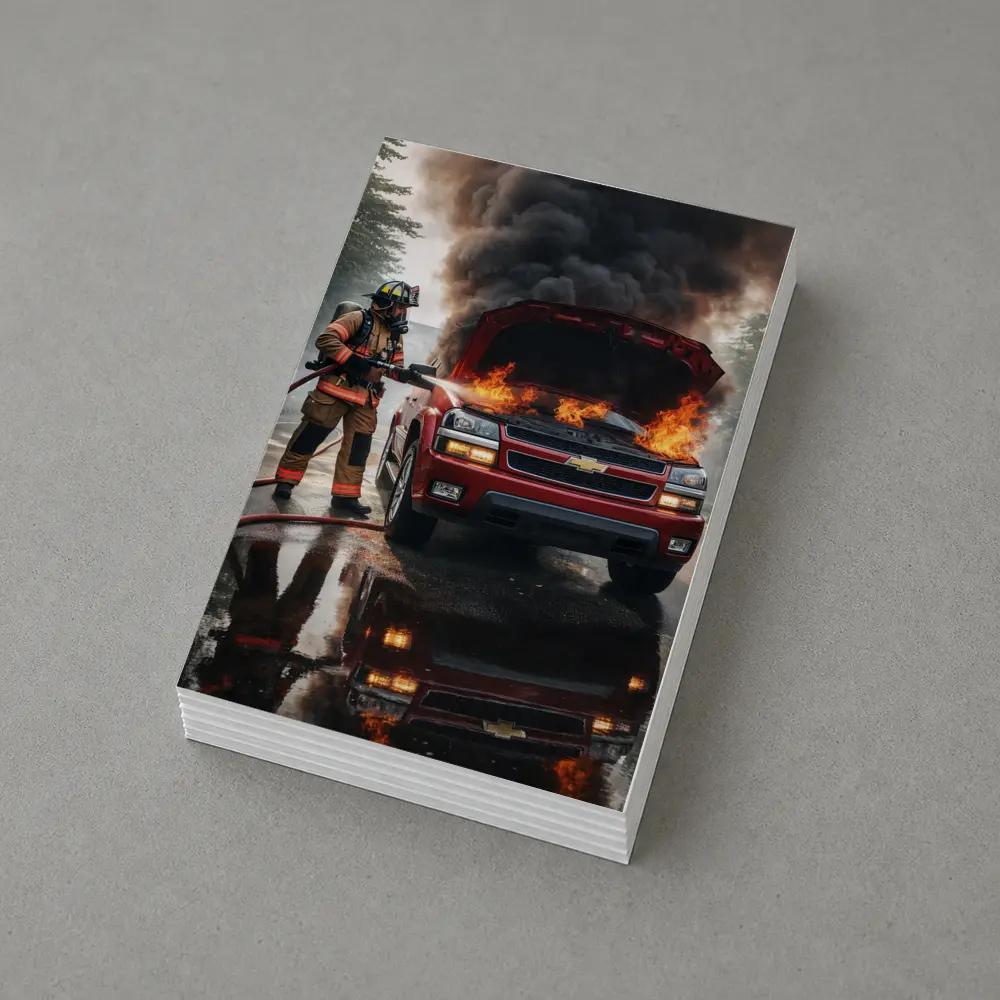 Chevrolet Blazer On Fire Firefighter Scene – Postcards