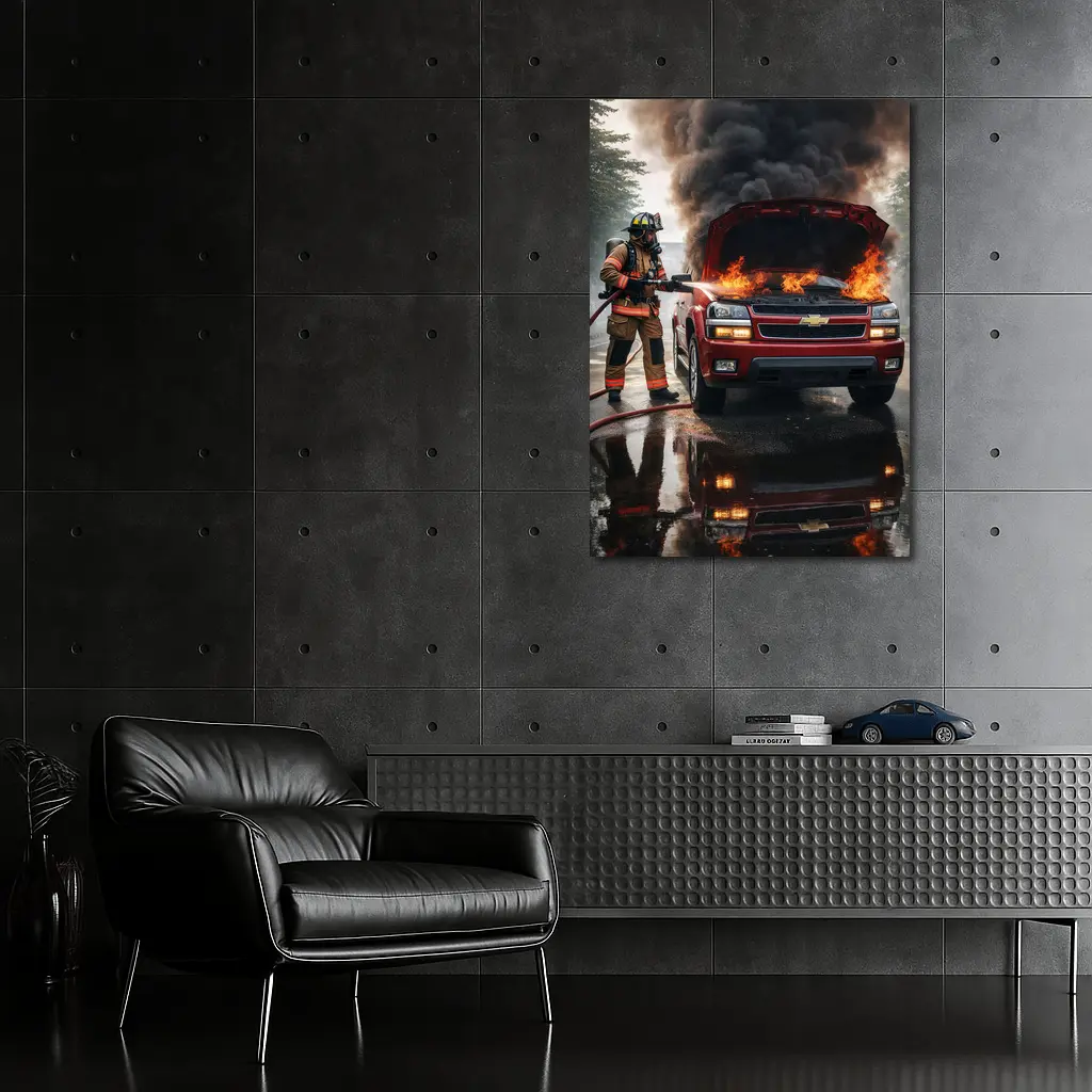Chevrolet Blazer On Fire Firefighter Scene – Wall Art