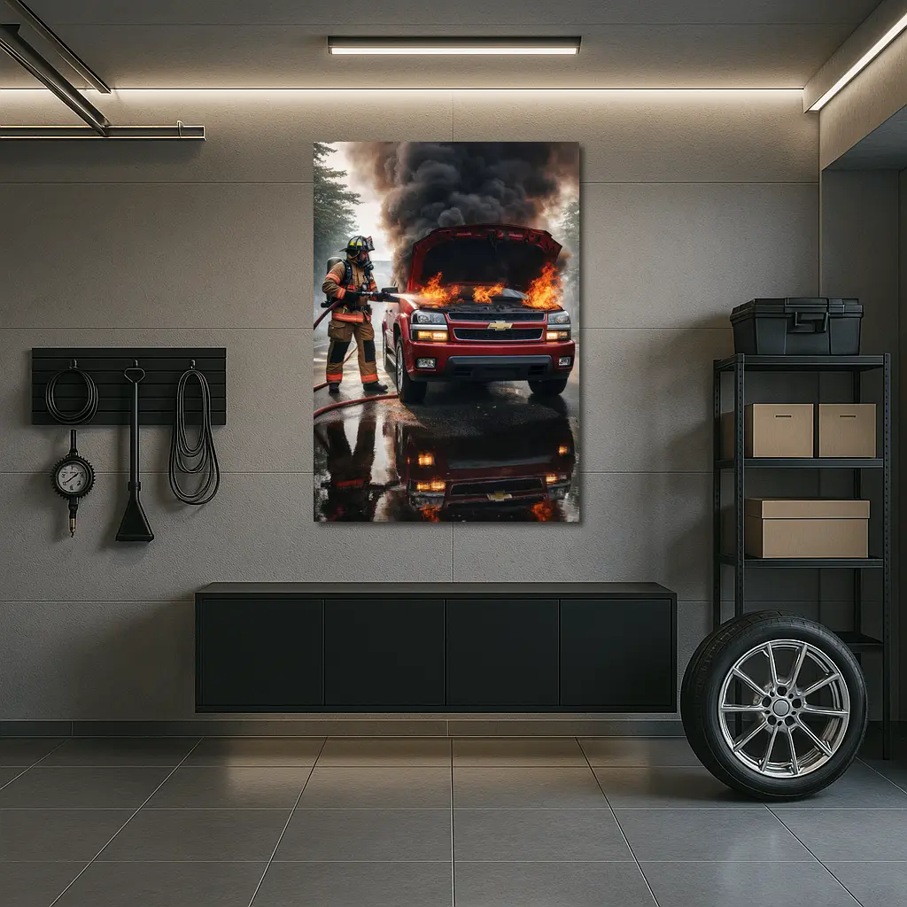 Chevrolet Blazer On Fire Firefighter Scene – Wall Art