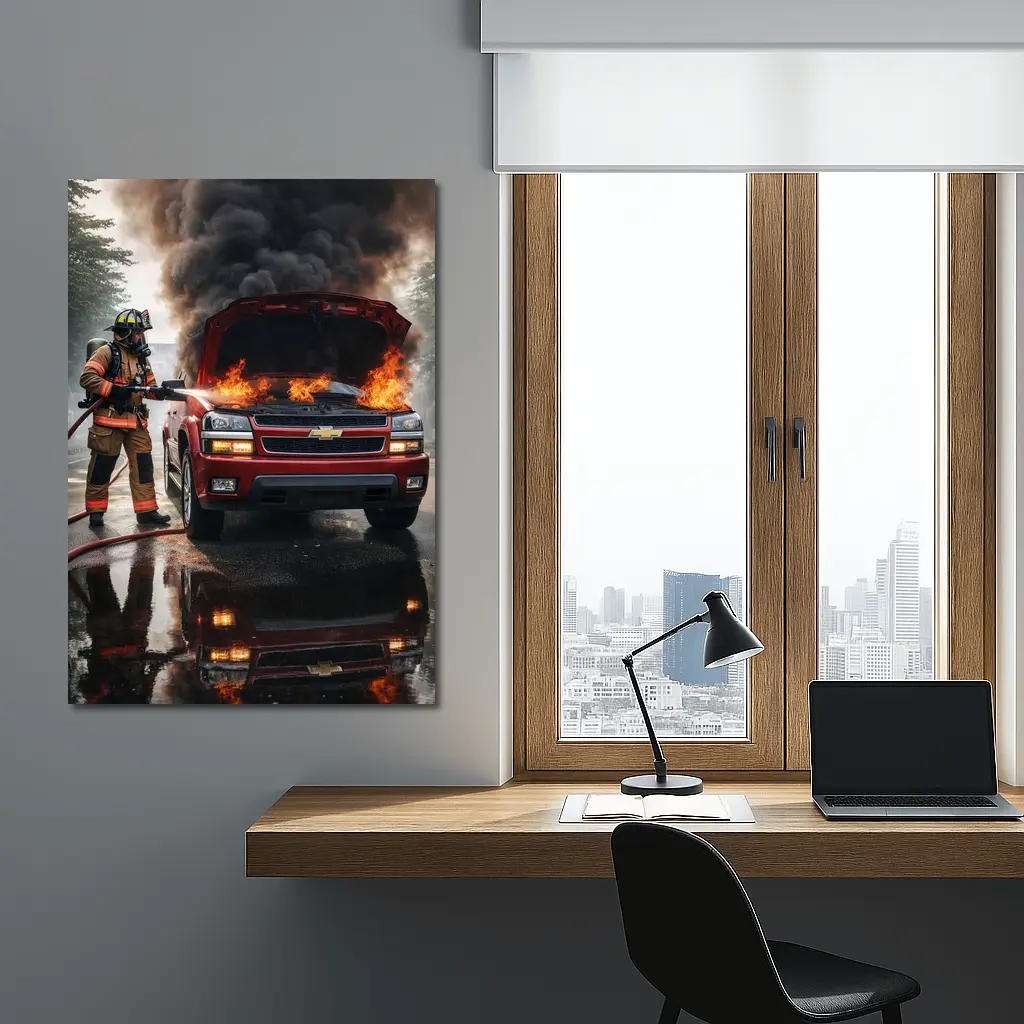 Chevrolet Blazer On Fire Firefighter Scene – Wall Art