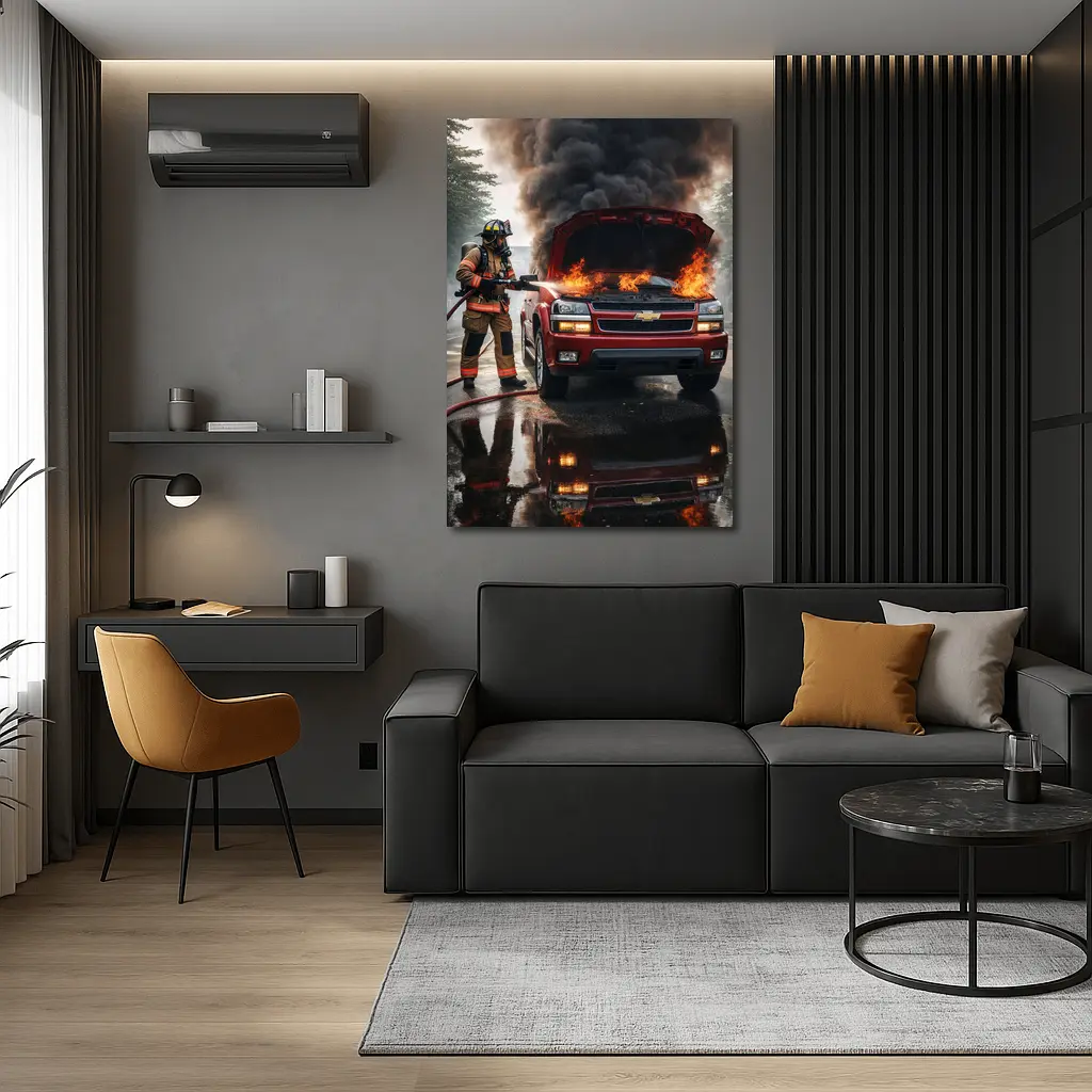 Chevrolet Blazer On Fire Firefighter Scene – Wall Art