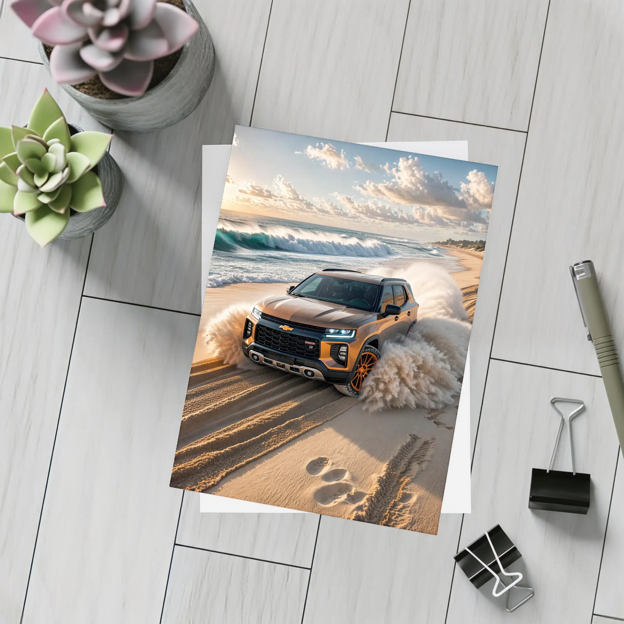 Chevrolet Blazer SUV Drifting On Sandy Beach – Postcards