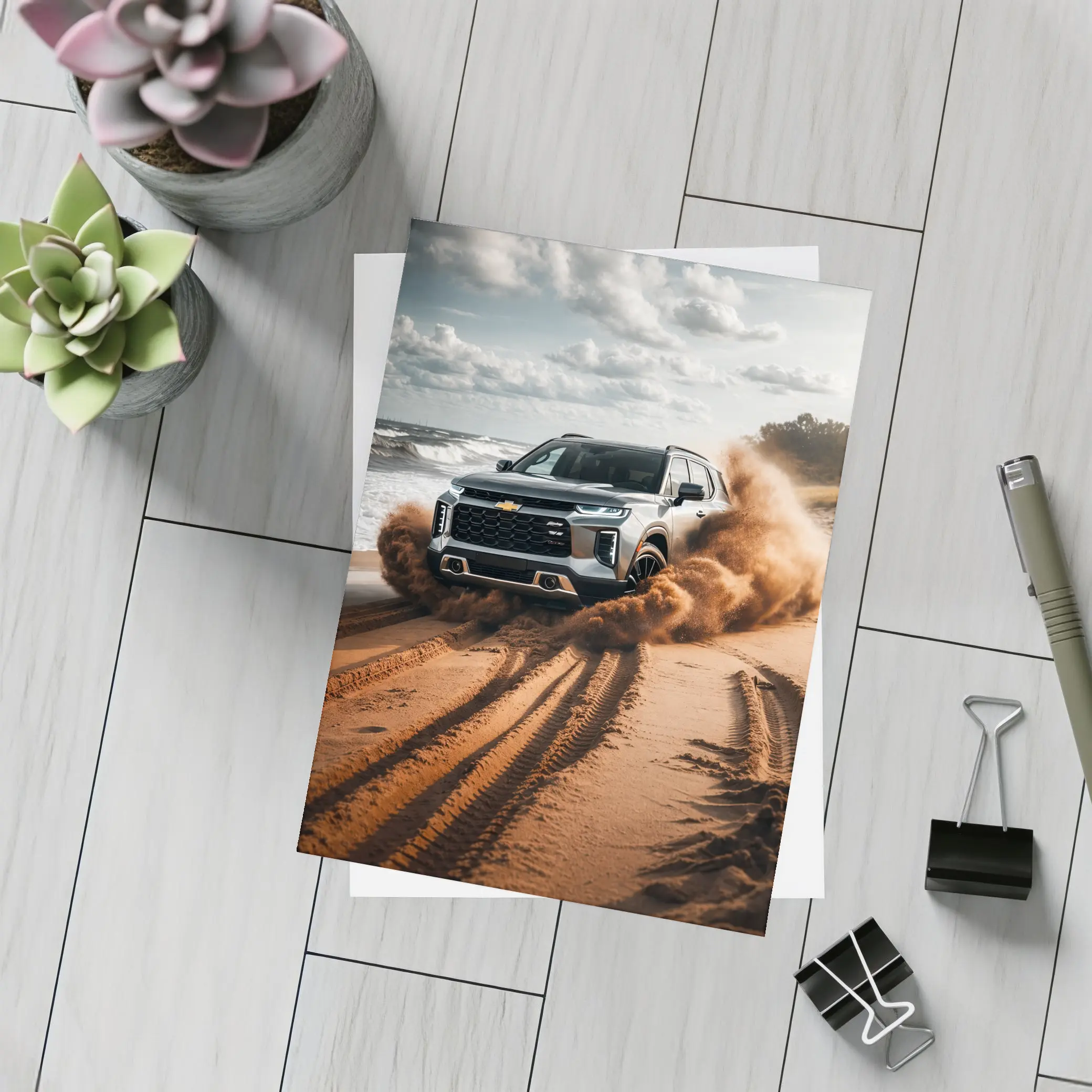 Chevrolet Blazer Drifting Sandy Beach Shore – Postcards