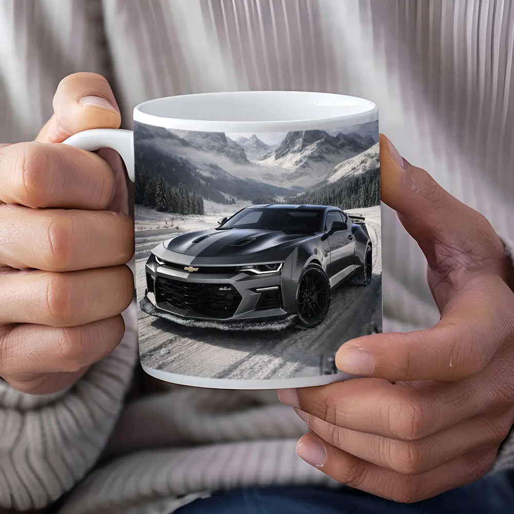 Chevrolet Camaro Black Muscle Car Snowy Mountains – Mugs