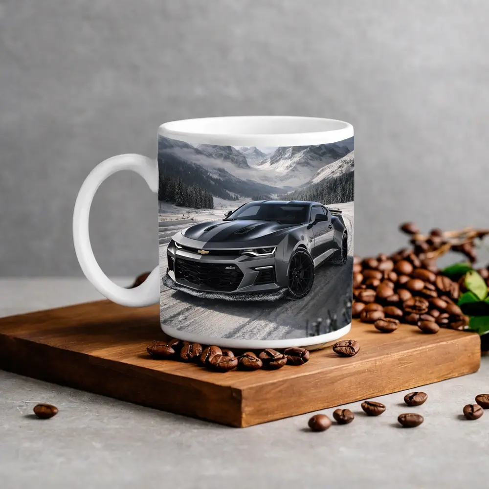 Chevrolet Camaro Black Muscle Car Snowy Mountains – Mugs