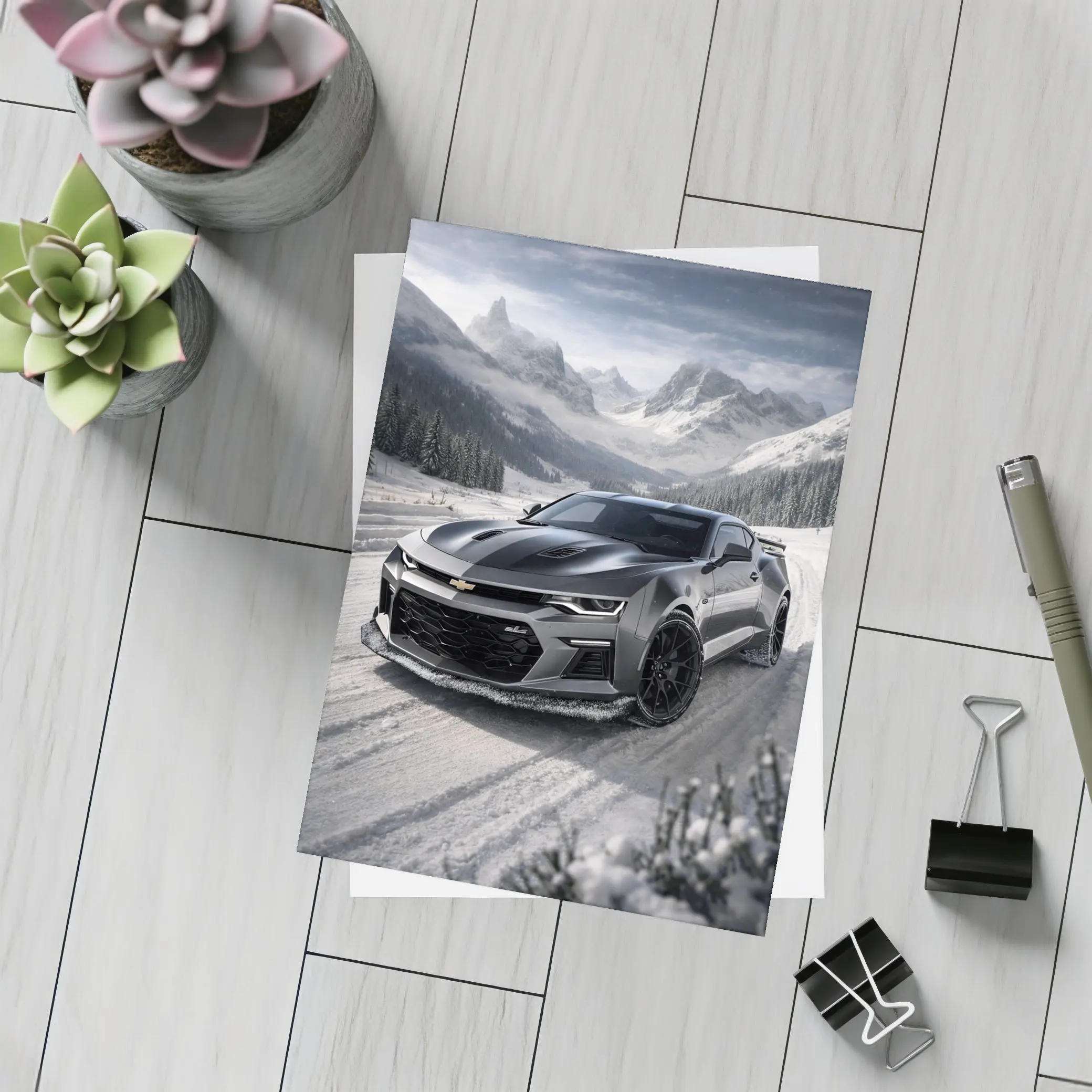 Chevrolet Camaro Black Muscle Car Snowy Mountains – Postcards