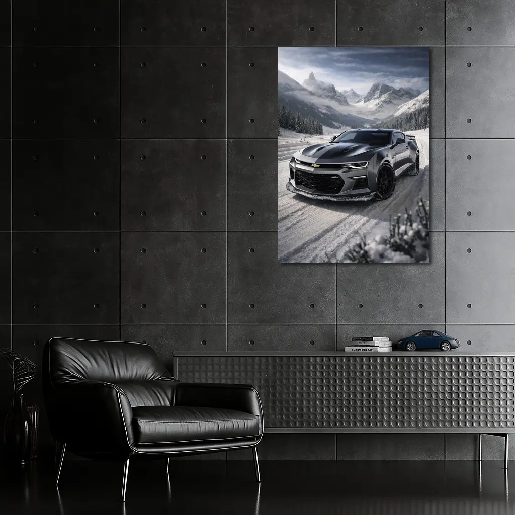 Chevrolet Camaro Black Muscle Car Snowy Mountains – Wall Art