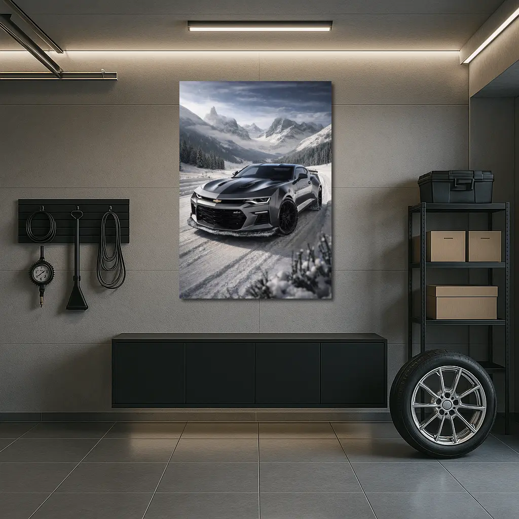 Chevrolet Camaro Black Muscle Car Snowy Mountains – Wall Art