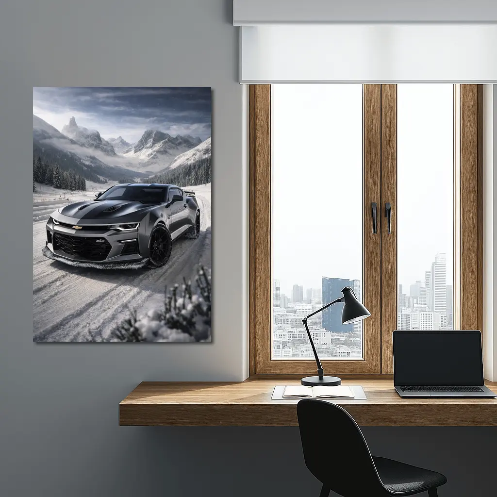 Chevrolet Camaro Black Muscle Car Snowy Mountains – Wall Art