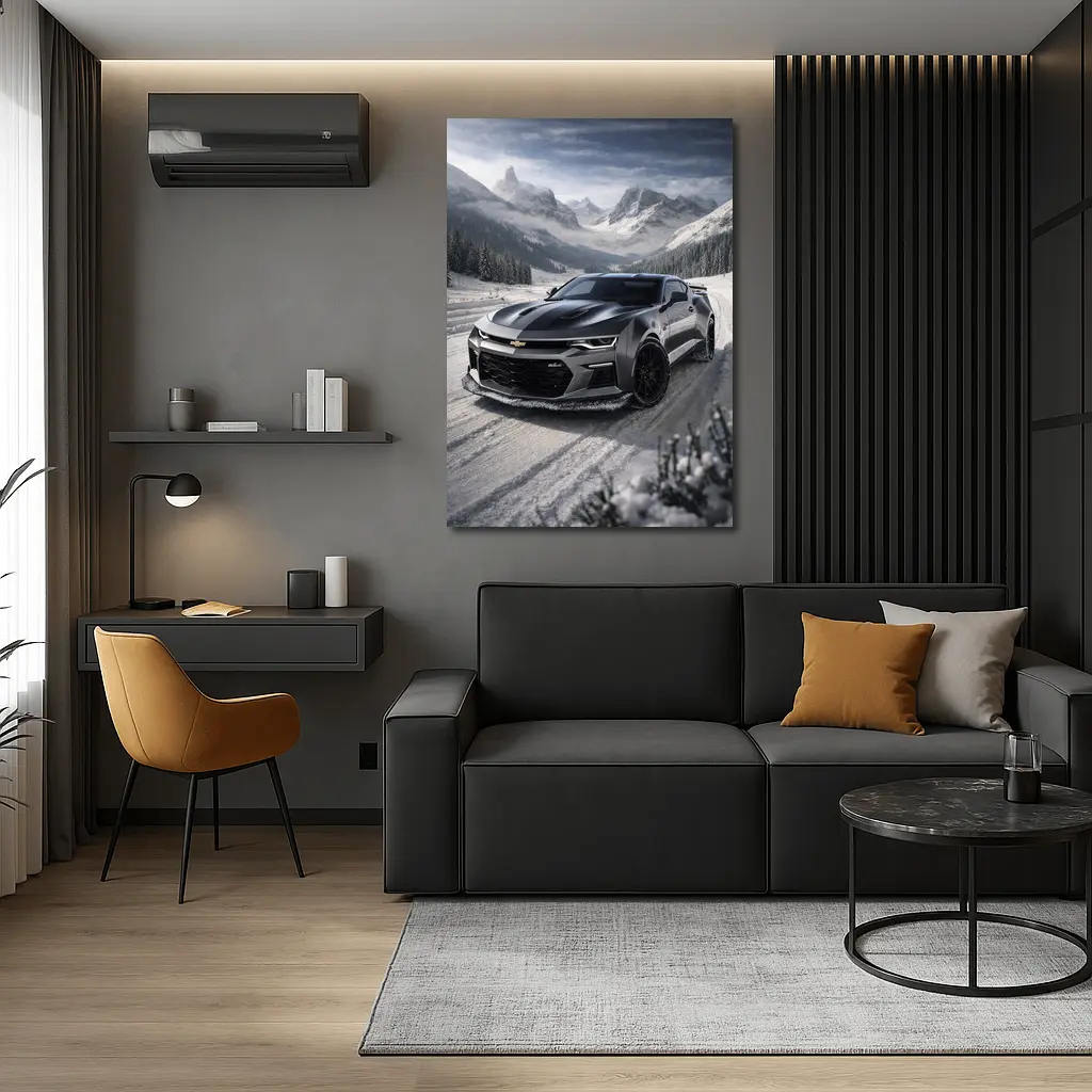 Chevrolet Camaro Black Muscle Car Snowy Mountains – Wall Art