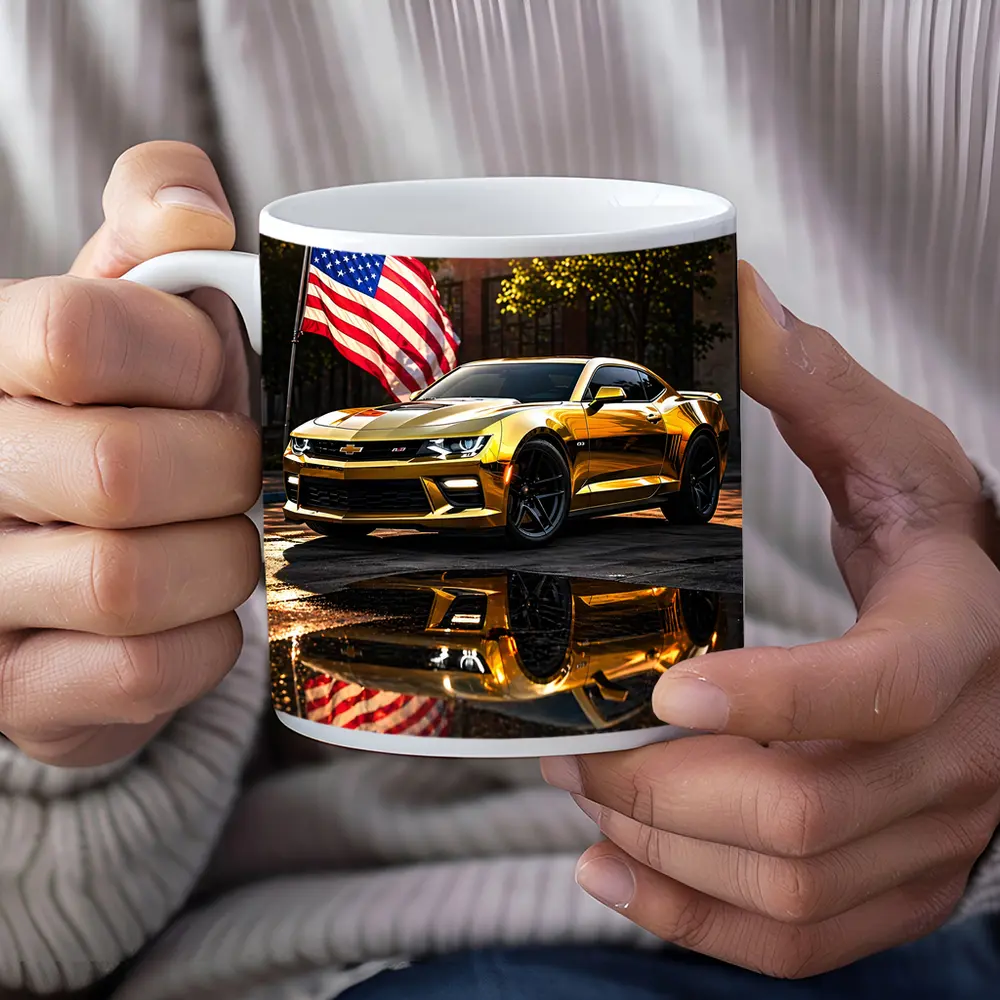Gold Chevrolet Camaro American Flag Urban Street – Mugs