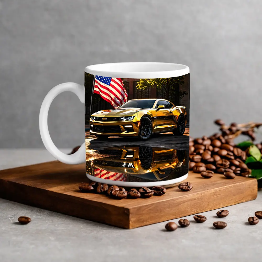 Gold Chevrolet Camaro American Flag Urban Street – Mugs