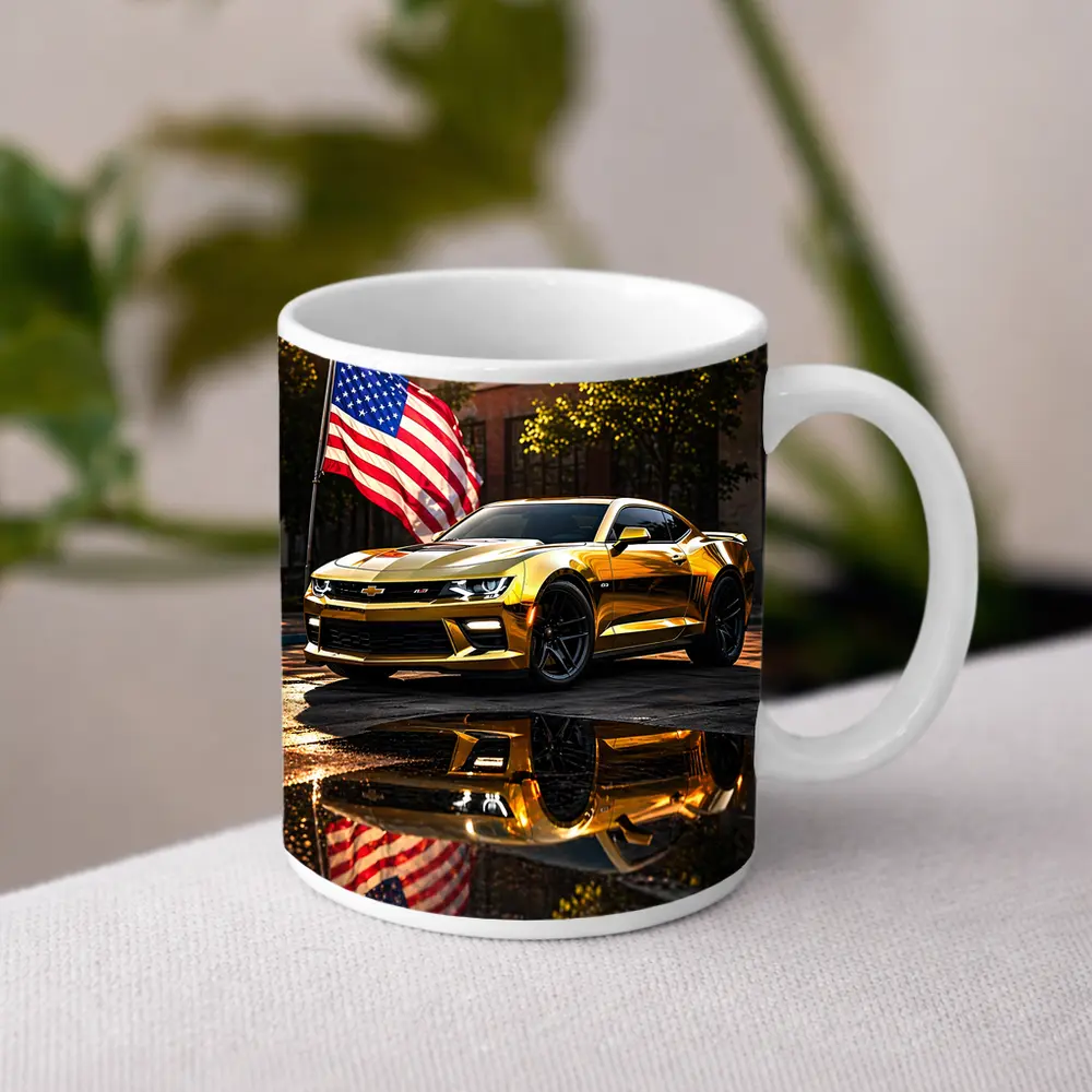 Gold Chevrolet Camaro American Flag Urban Street – Mugs