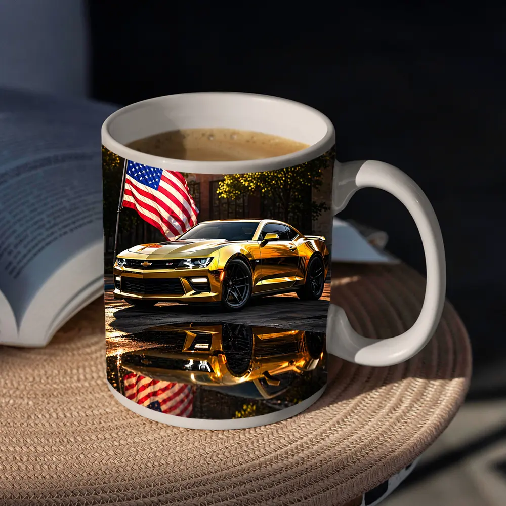 Gold Chevrolet Camaro American Flag Urban Street – Mugs