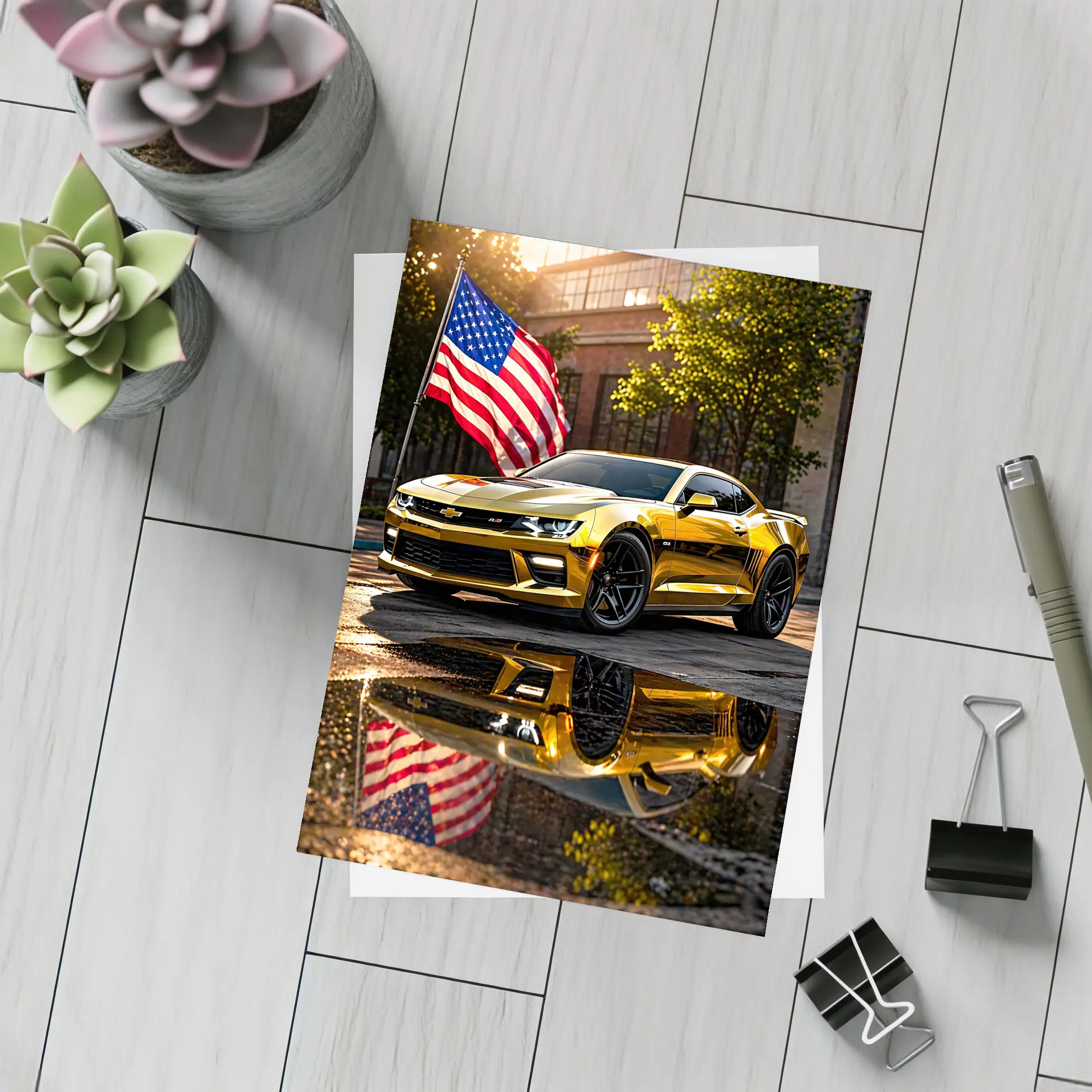 Gold Chevrolet Camaro American Flag Urban Street – Postcards