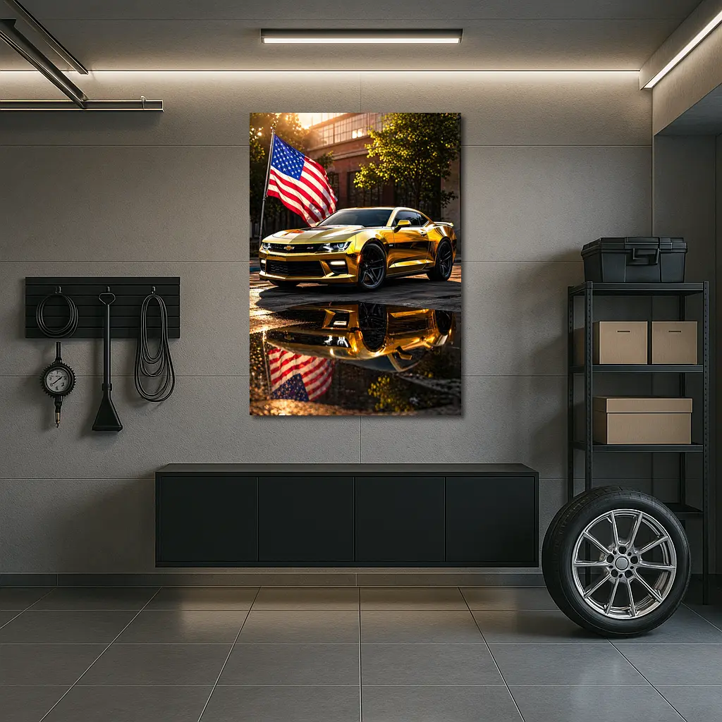 Gold Chevrolet Camaro American Flag Urban Street – Wall Art