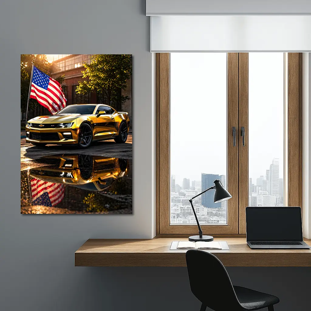 Gold Chevrolet Camaro American Flag Urban Street – Wall Art