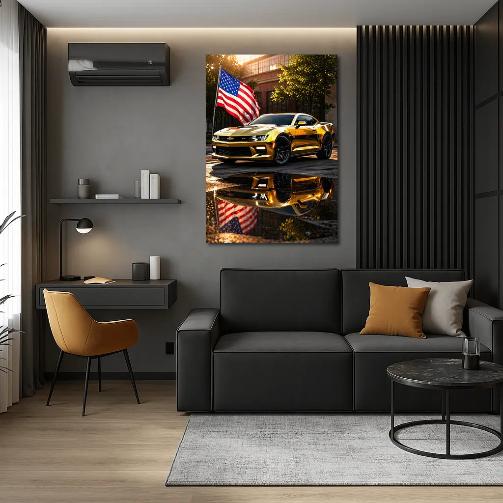 Gold Chevrolet Camaro American Flag Urban Street – Wall Art
