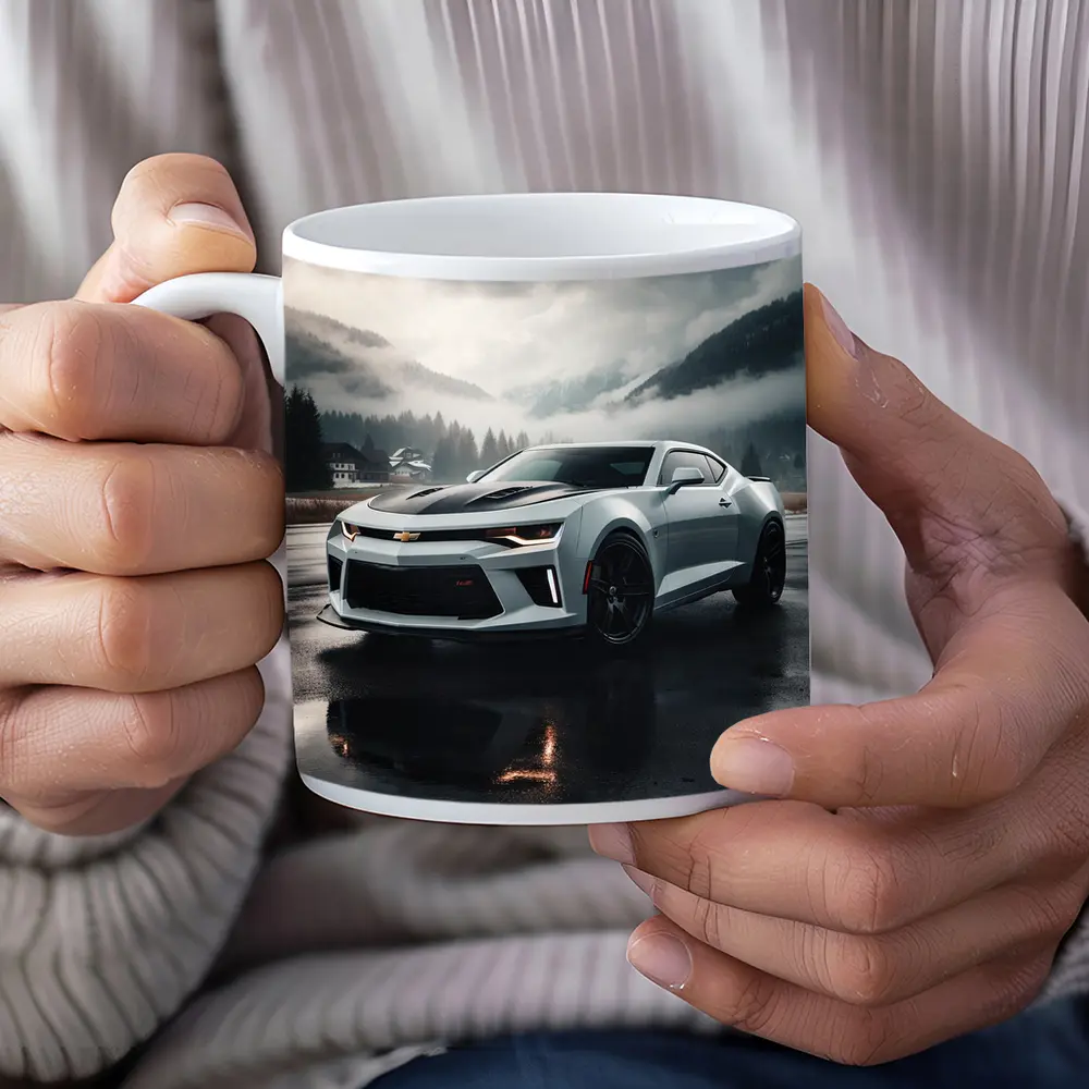Chevrolet Camaro White Muscle Car Overcast Mountains – Mugs