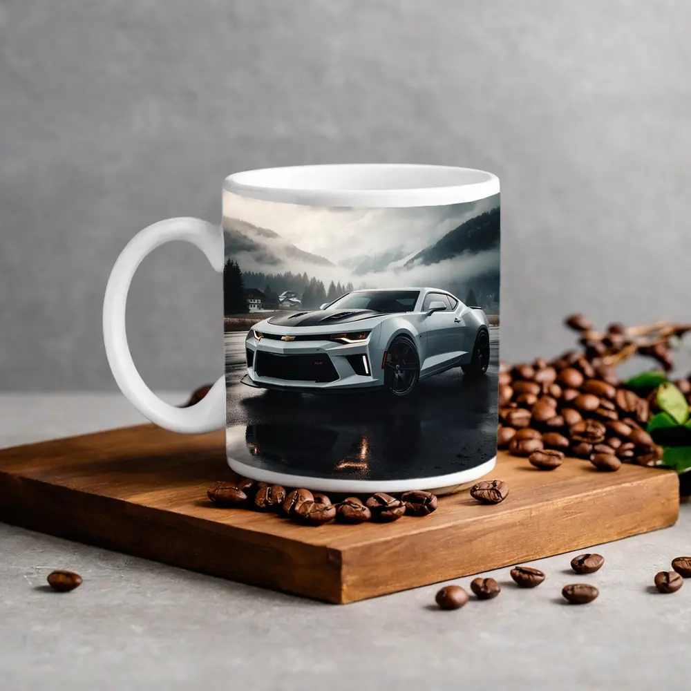 Chevrolet Camaro White Muscle Car Overcast Mountains – Mugs