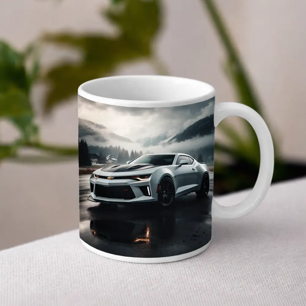 Chevrolet Camaro White Muscle Car Overcast Mountains – Mugs