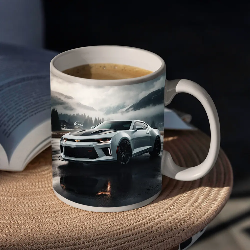Chevrolet Camaro White Muscle Car Overcast Mountains – Mugs