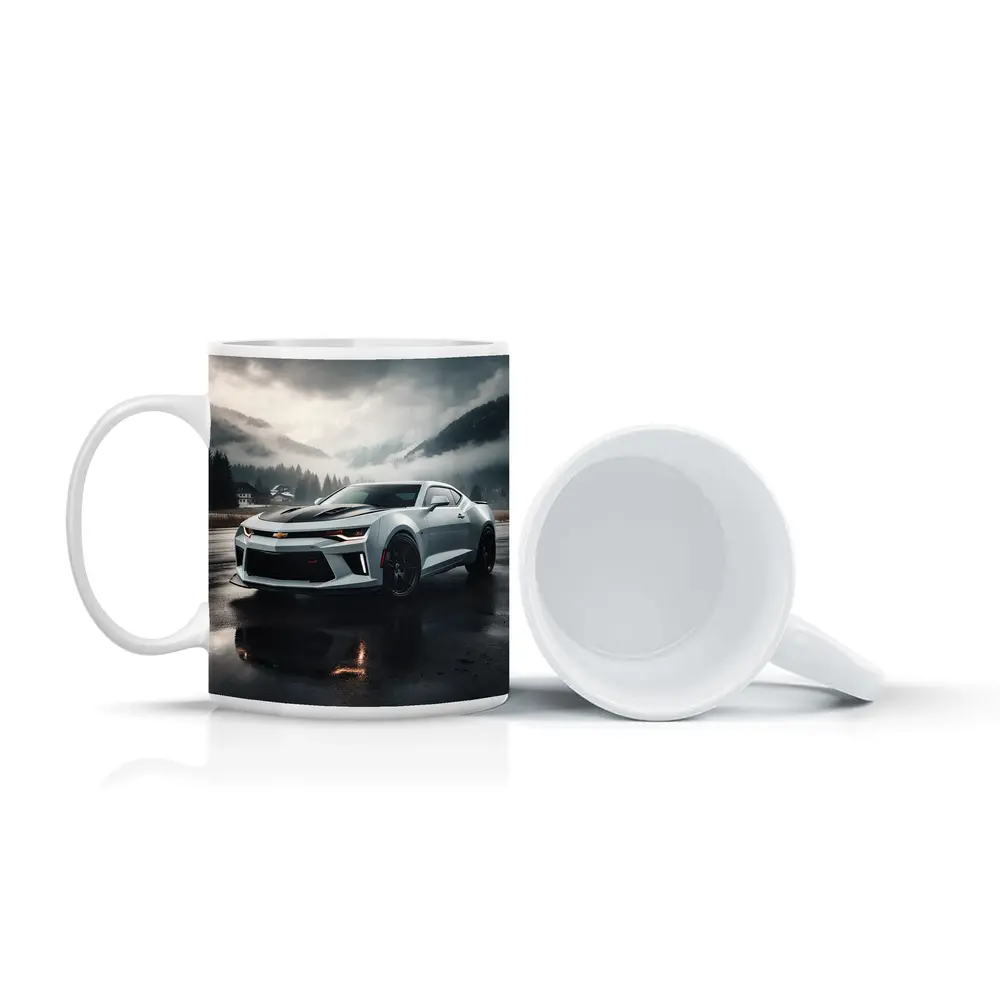Chevrolet Camaro White Muscle Car Overcast Mountains – Mugs