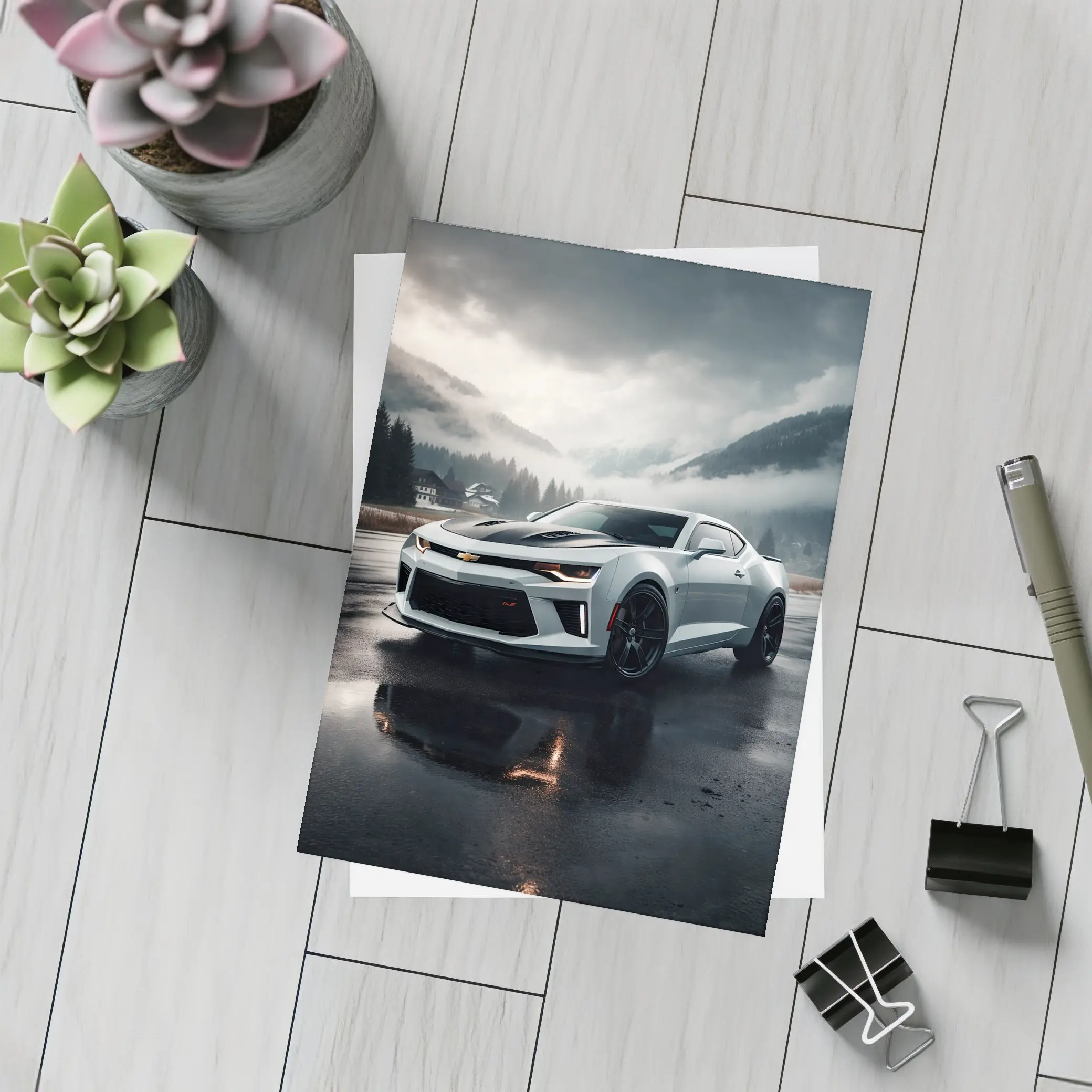Chevrolet Camaro White Muscle Car Overcast Mountains – Postcards