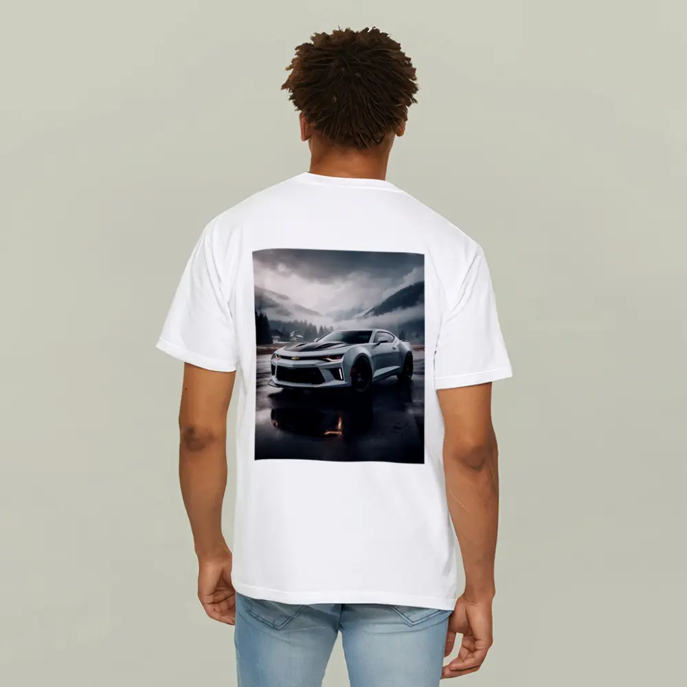 Chevrolet Camaro White Muscle Car Overcast Mountains – T-Shirts